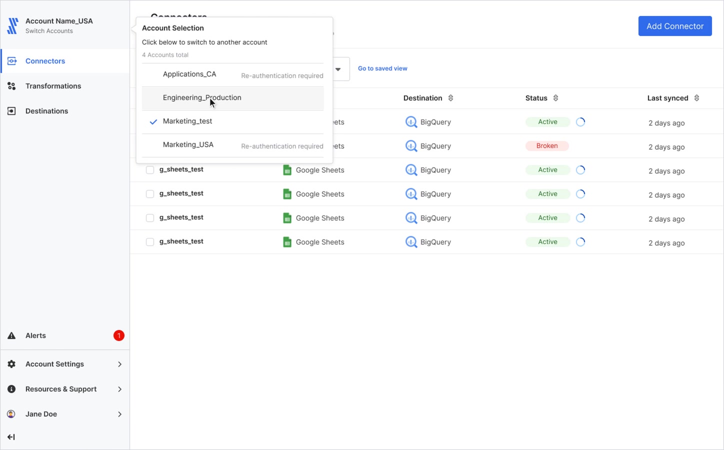 Fivetran Account Dashboard connectors list with the account switcher menu open