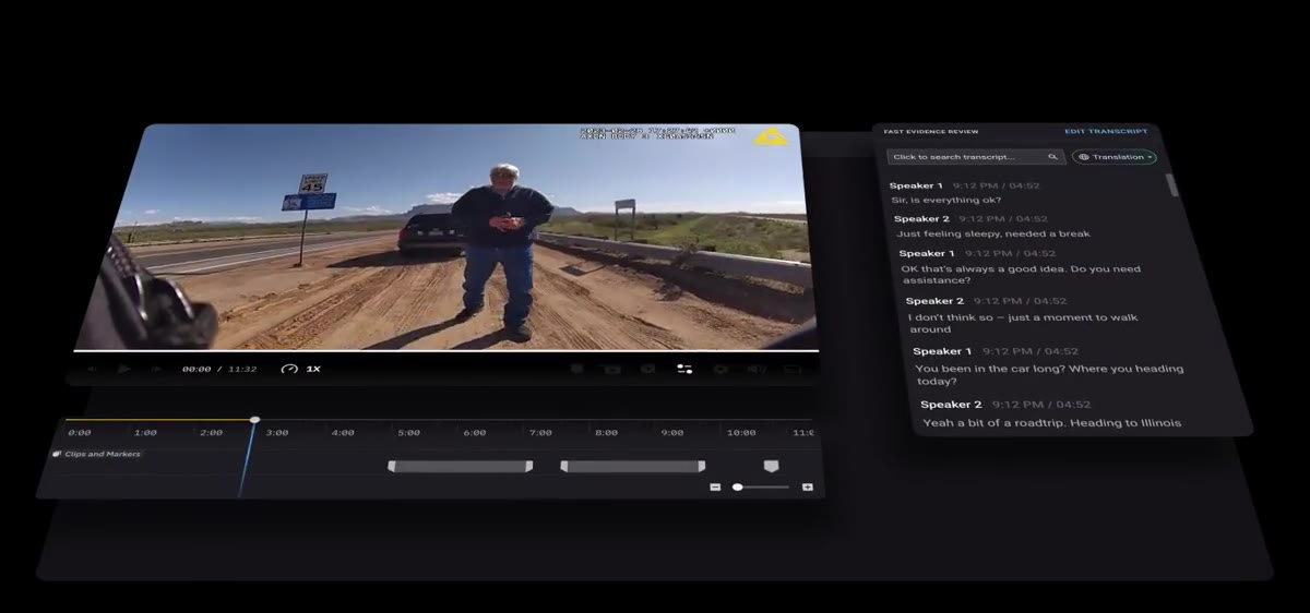Auto-Transcribe evidence player with body-camera footage, a timeline and the live transcript panel