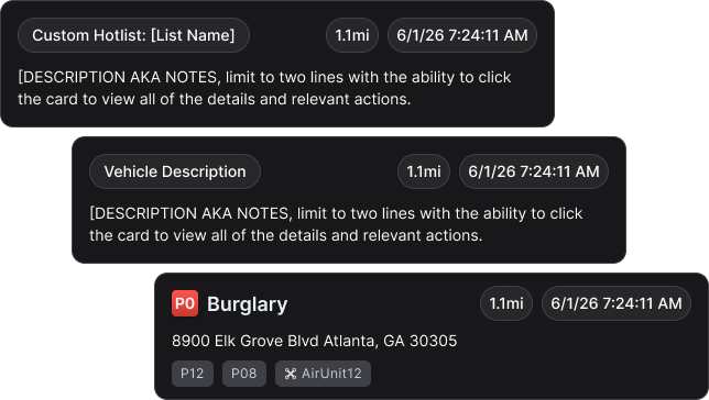 Three stacked FlockOS alert cards: a custom hotlist hit, a vehicle description and a P0 burglary dispatch call with distance, time and assigned units