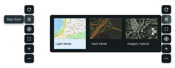 FlockOS map control column with a Map Style tooltip, and the open style picker offering Light Mode, Dark Mode and Imagery Hybrid