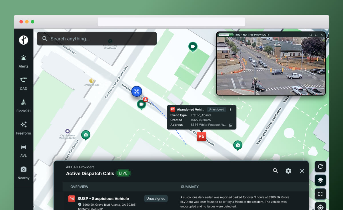 FlockOS map view with a live traffic camera feed, an incident callout and the Active Dispatch Calls panel