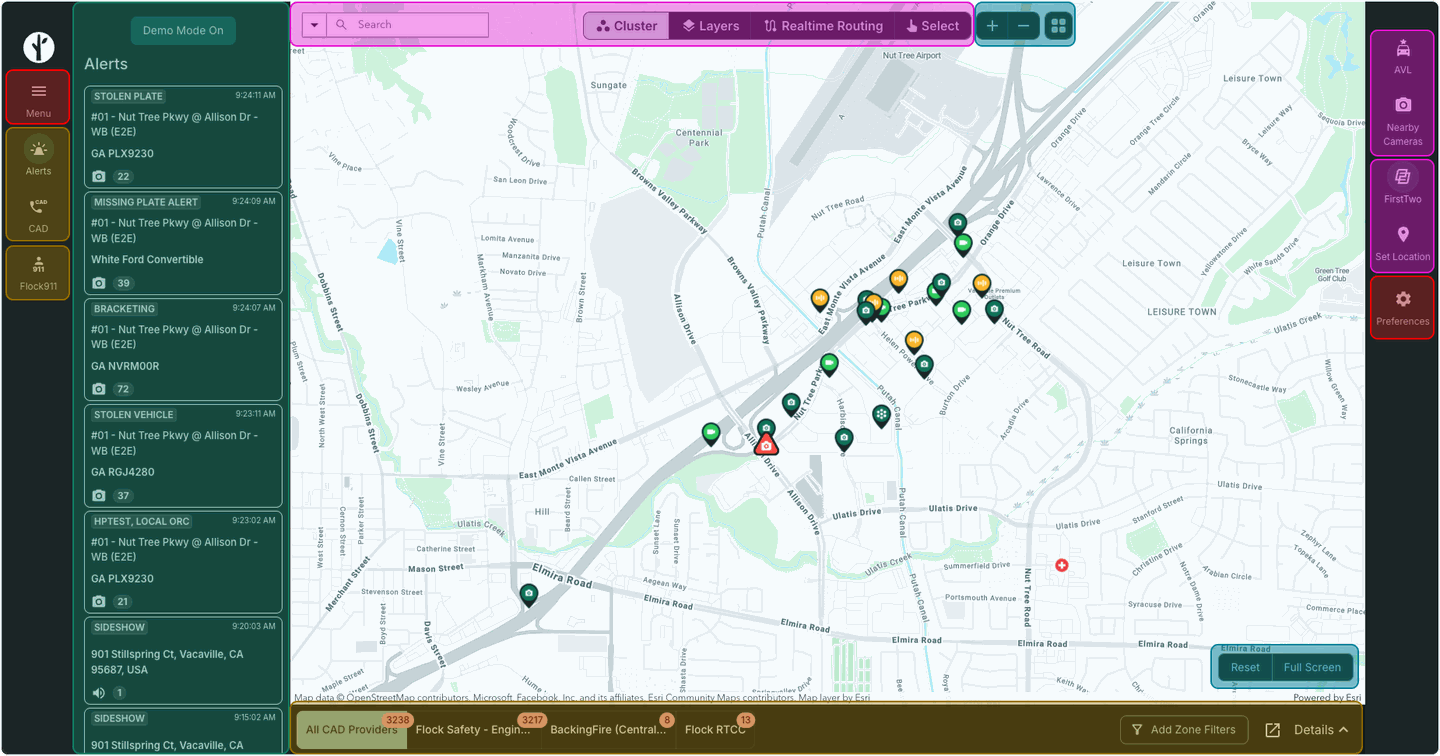 FlockOS map screen annotated by region: left navigation, alerts feed, top search and map controls, right-hand quick actions and the bottom CAD provider bar