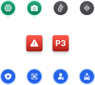FlockOS map icons: camera, media, attachment and audio pins; an alert marker and a P3 priority badge; and blue unit markers for police, drone, officer and vehicle