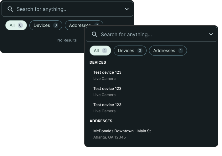 FlockOS search panel in an empty state and with results, filtered by All, Devices and Addresses and grouped into devices and addresses