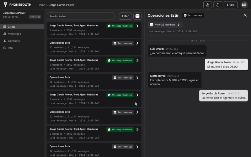 PhoneBooth chat view: a list of group conversations beside an open thread of messages