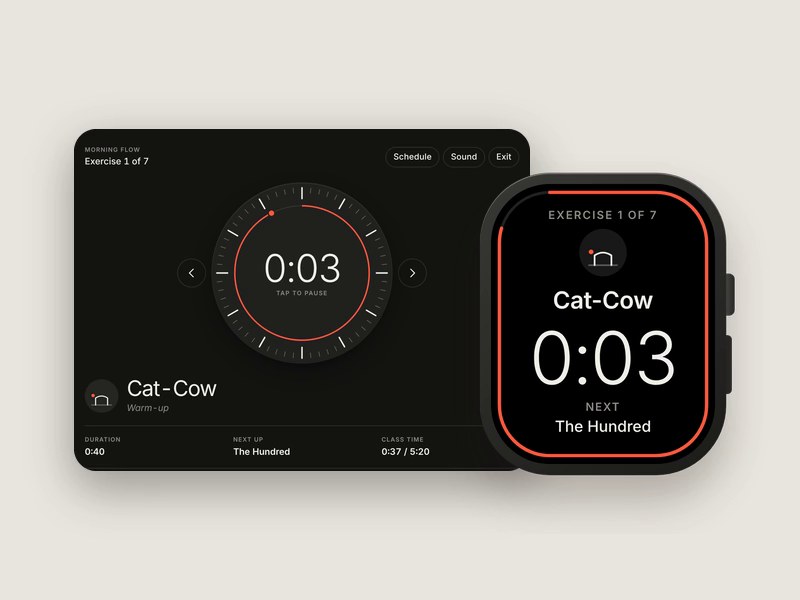 PilatesPro web player and Apple Watch side by side, both timing the Cat-Cow exercise with The Hundred up next