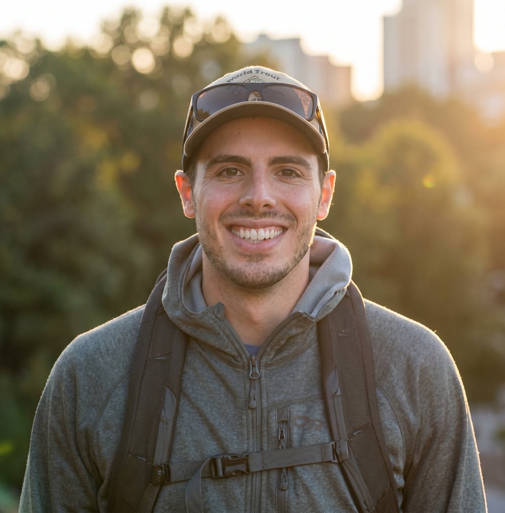 Dan Bellia smiling outdoors at golden hour, wearing a cap, sunglasses and a grey hoodie