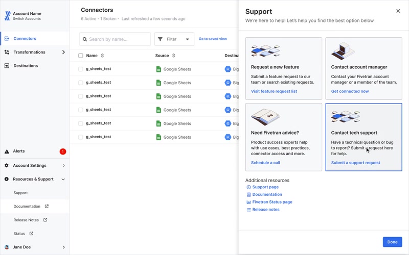 Fivetran dashboard with the in-context Support panel open beside the connectors list
